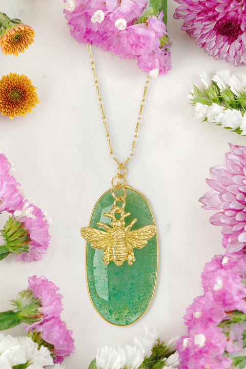 Green Aventurine With Bee Charm Pendant Necklace - GF