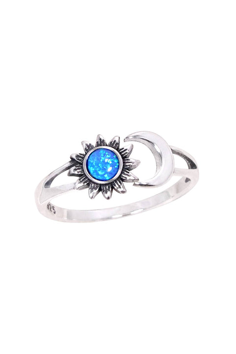 Blue Created Opal & Sterling Silver Sun & Moon Ring - SS