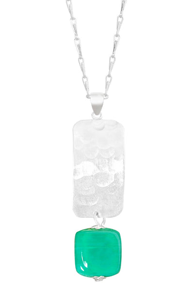 Green Murano Glass & Hammered Rectangle Necklace - SF