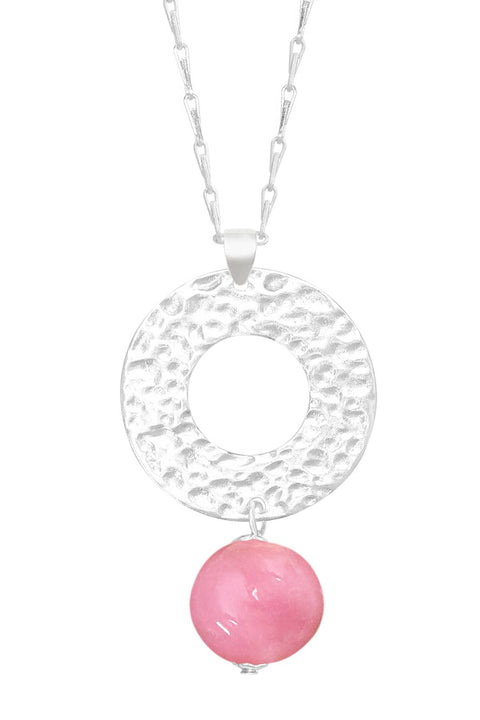 Pink Murano Glass & Hammered Circle Pendant Necklace - SF