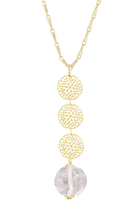 Clear Murano Glass & Daisy Disc Pendant Necklace - GF