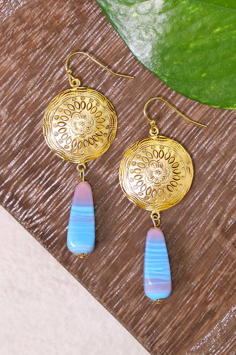 Murano Glass & Floral Hammered Disc Drop Earrings - GF