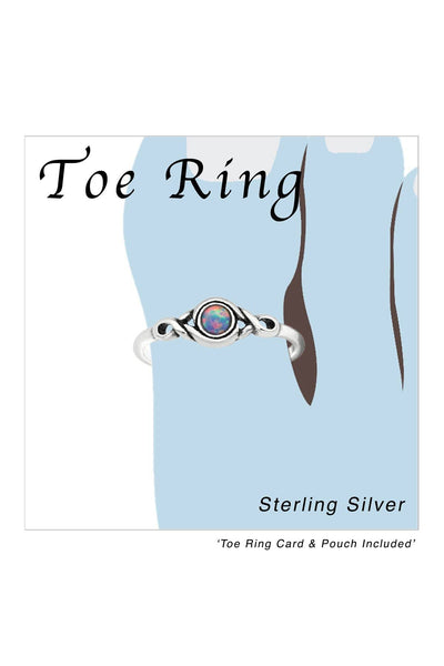 Sterling Silver Patterned Adjustable Toe Ring With Opal - SS