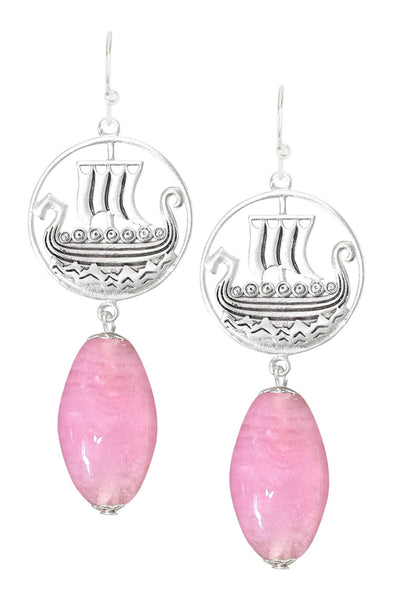 Pink Murano Glass & Viking Ship Drop Earrings - SF