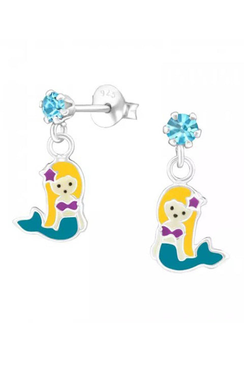 Sterling Silver Ear Studs & Hanging Mermaids & Crystal - SS