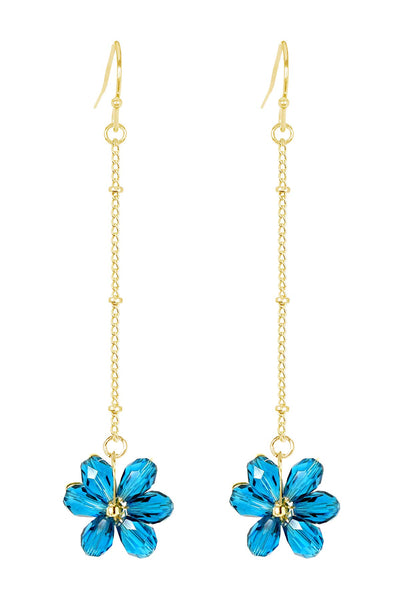 Blue Austrian Crystal Flower Bloom Dangle Earrings - GF