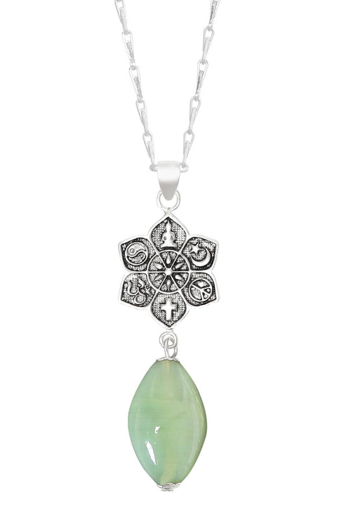 Green Murano Glass & Coexist Lotus Pendant Necklace - SF