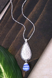 Blue Murano Glass & Hammered Teardrop Pendant Necklace - SF