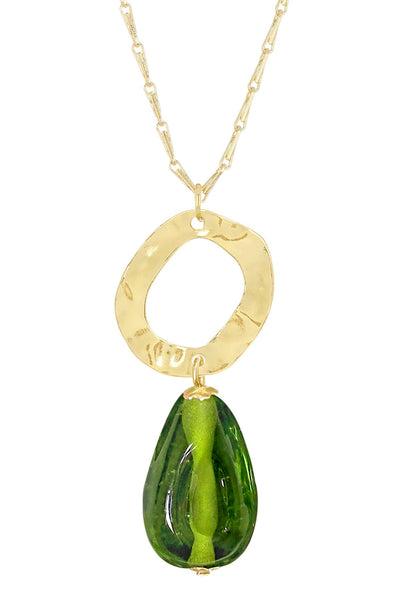 Peridot Murano Glass & Hammered Hoop Pendant Necklace - GF