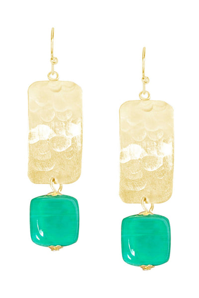 Green Murano Glass & Hammered Rectangle Drop Earrings - GF