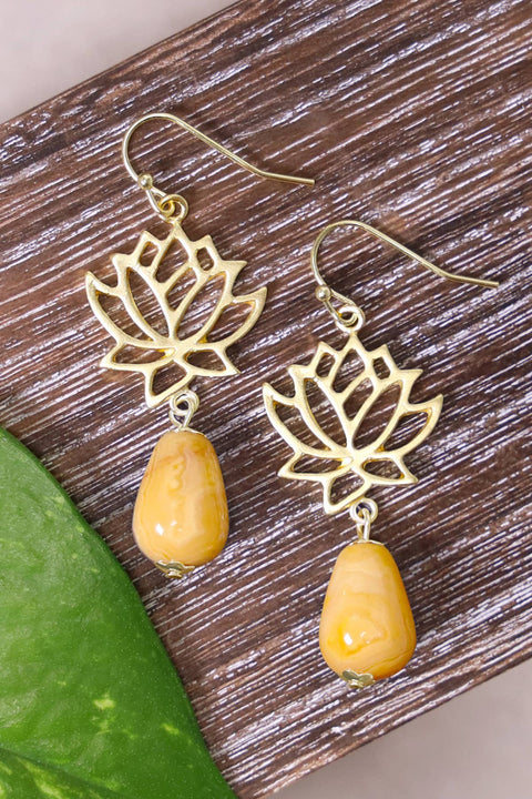 Crazy Lace Agate & Lotus Drop Earrings - GF