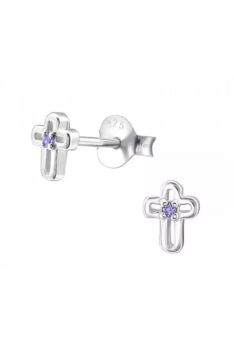 Sterling Silver Birthstone Cross Ear Studs With CZ - SS