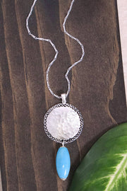 Blue Murano Glass & Hammered Coin Pendant Necklace - SF