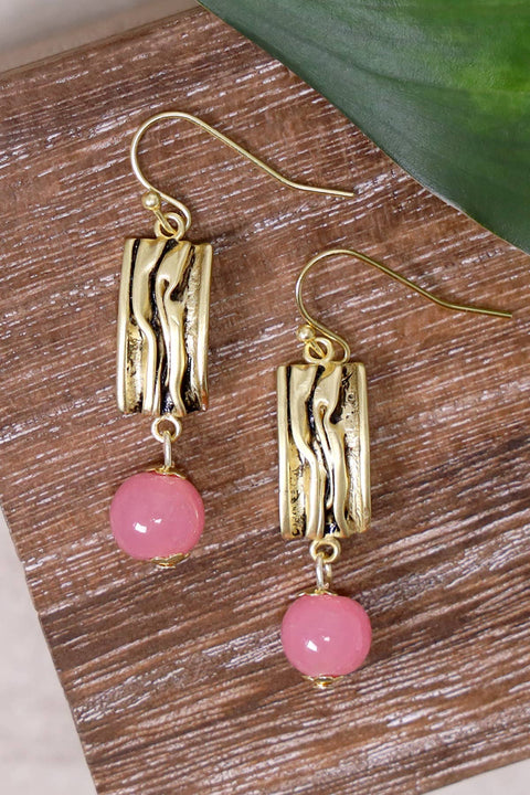 Pink Murano Glass & Textured Rectangle Drop Earrings - GF