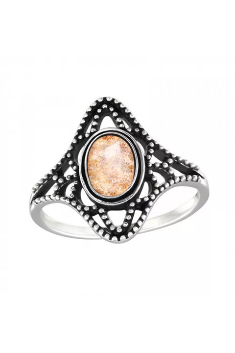 Sterling Silver & Lily Fossil Filigree Ring - SS