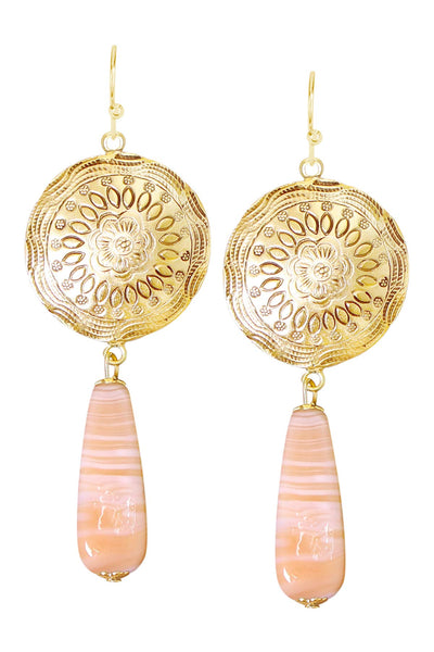 Peach Murano Glass & Floral Hammered Disc Drop Earrings - GF