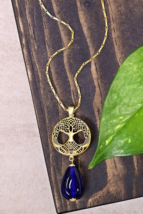 Blue Murano Glass & Tree Of Life Pendant Necklace - GF