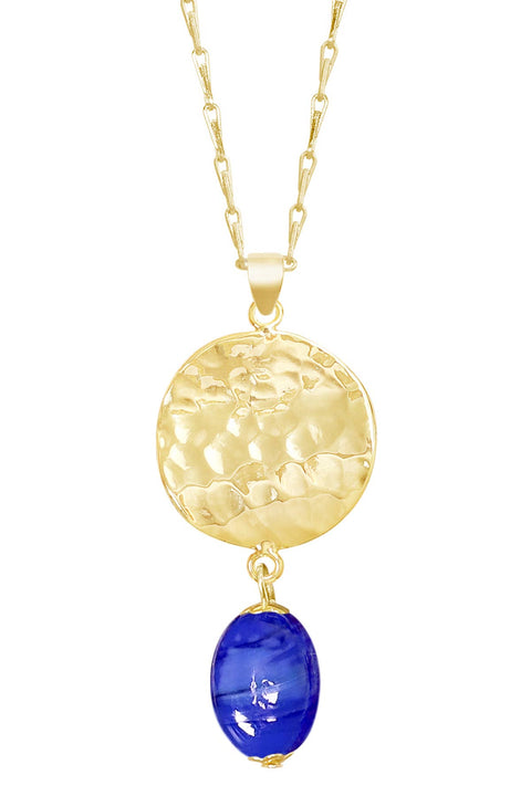 Blue Murano Glass & Hammered Disc Pendant Necklace - GF