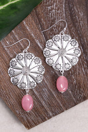 Pink Murano Glass & Hammered Floral Disc Drop Earrings - SF