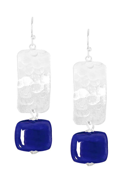 Blue Murano Glass & Hammered Rectangle Drop Earrings - SF