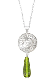 Peridot Murano Glass & Floral Hammered Disc Necklace - SF