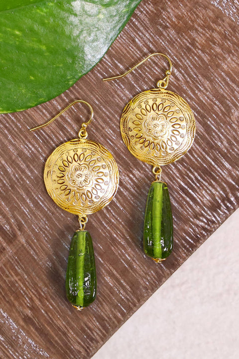 Peridot Murano Glass & Floral Hammered Disc Earrings - GF