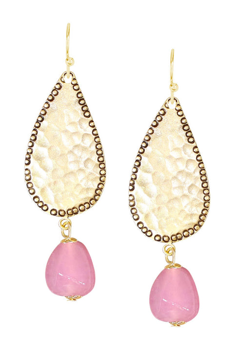 Pink Murano Glass & Hammered Teardrop Earrings - GF