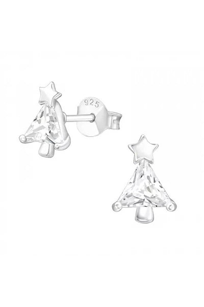 Sterling Silver Christmas Tree Ear Studs With CZ - SS