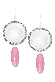 Pink Murano Glass & Hammered Coin Drop Earrings - SF