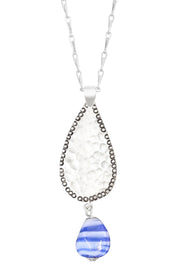 Blue Murano Glass & Hammered Teardrop Pendant Necklace - SF