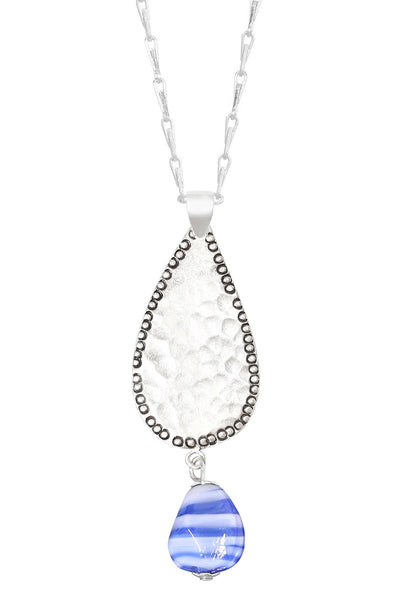 Blue Murano Glass & Hammered Teardrop Pendant Necklace - SF