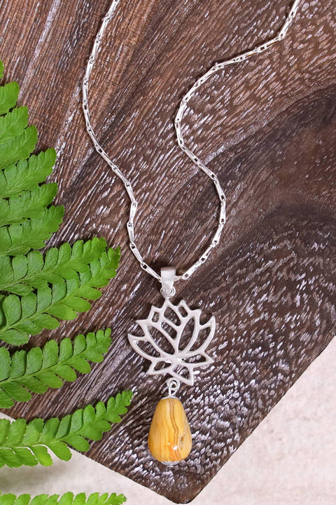 Crazy Lace Agate & Lotus Pendant Necklace - SF