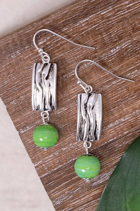 Green Murano Glass & Textured Rectangle Drop Earrings - SF