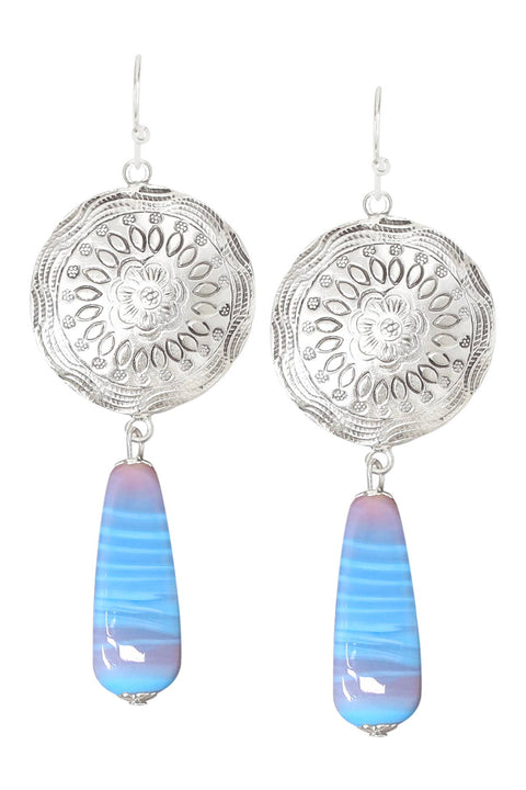 Murano Glass & Floral Hammered Disc Drop Earrings - SF