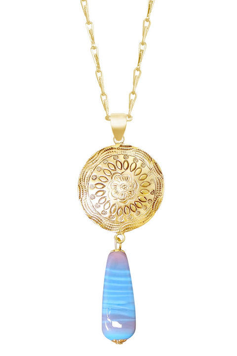 Murano Glass & Floral Hammered Disc Pendant Necklace - GF