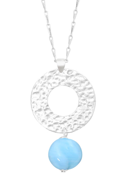 Blue Murano Glass & Hammered Circle Pendant Necklace - SF