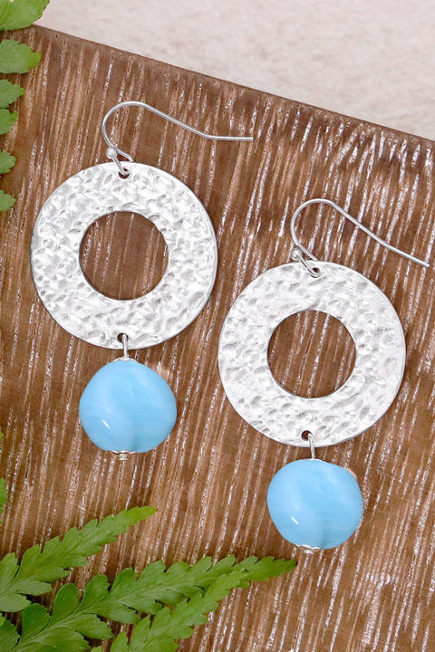 Blue Murano Glass & Hammered Circle Drop Earrings - SF