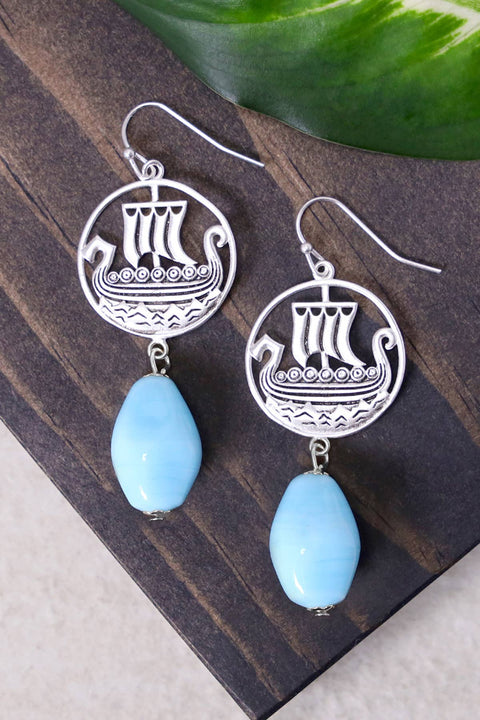 Blue Murano Glass & Viking Ship Drop Earrings - SF