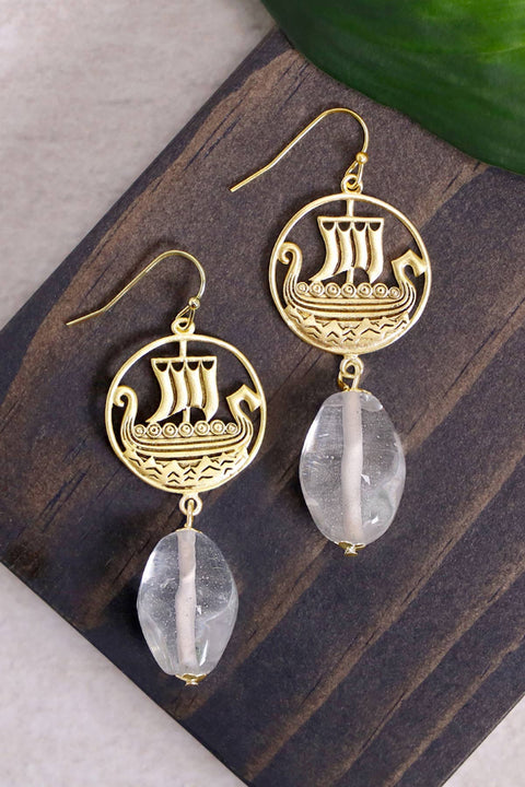 Clear Murano Glass & Viking Ship Drop Earrings - GF