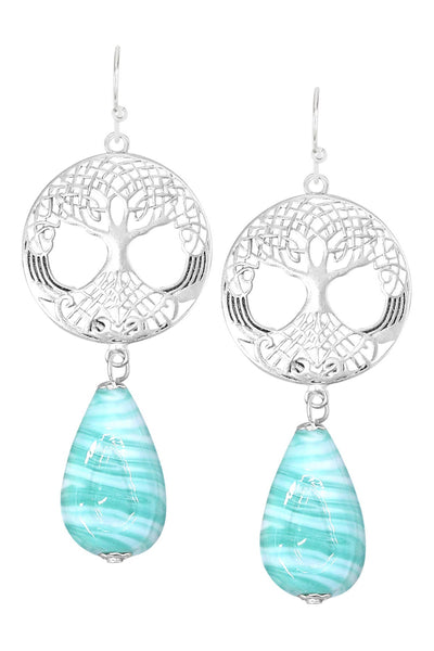 Green Murano Glass & Tree Of Life Drop Earrings - SF