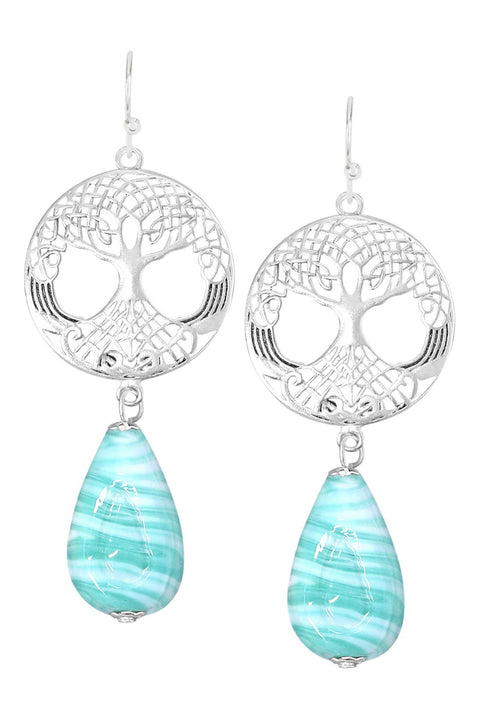 Green Murano Glass & Tree Of Life Drop Earrings - SF