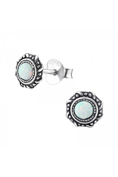 Sterling Silver Round Ear Studs With Opal - SS