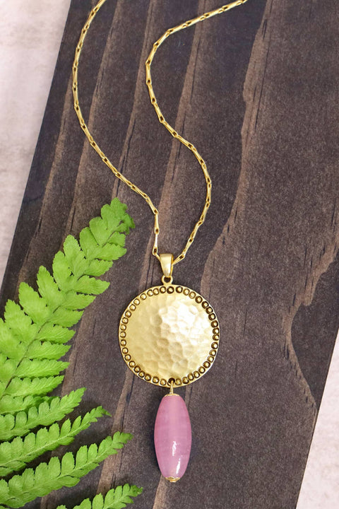 Pink Murano Glass & Hammered Coin Pendant Necklace - GF