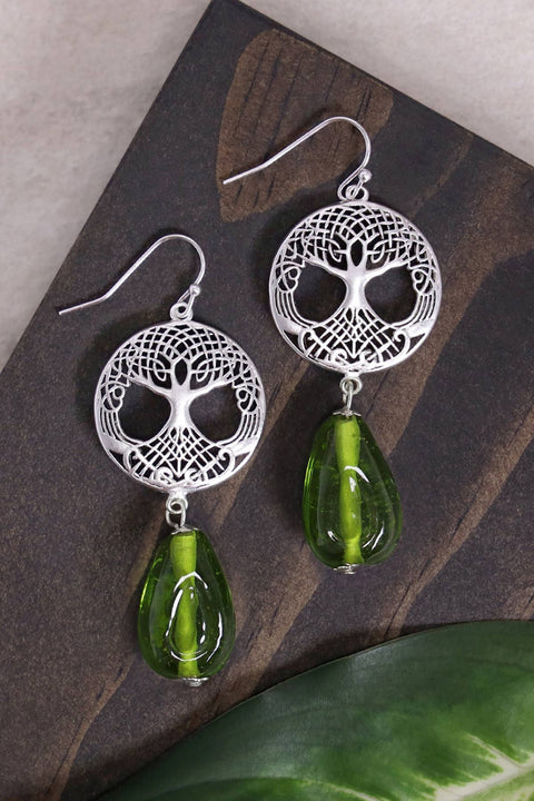 Peridot Murano Glass & Tree Of Life Drop Earrings - SF