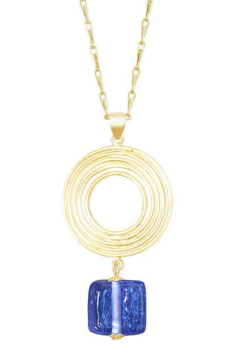 Tanzanite Murano Glass & Swirl Disc Pendant Necklace - GF