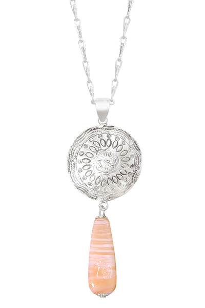 Peach Murano Glass & Floral Hammered Disc Necklace - SF