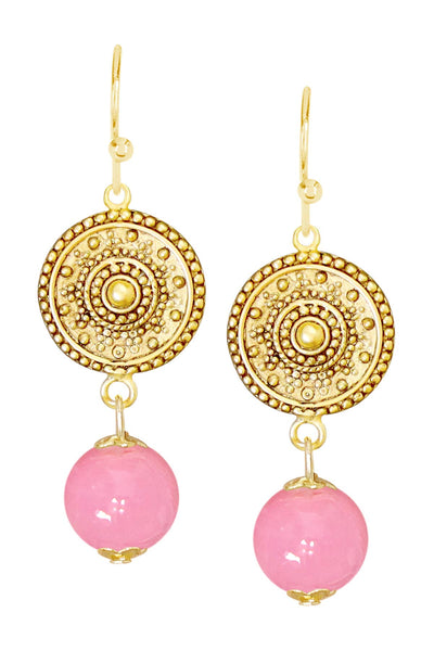 Pink Murano Glass & Mandala Disc Drop Earrings - GF