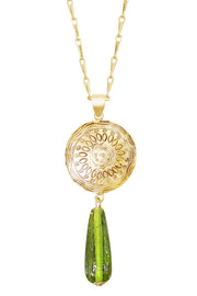 Peridot Murano Glass & Floral Hammered Disc Necklace - GF