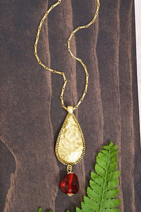 Red Murano Glass & Hammered Teardrop Pendant Necklace - GF