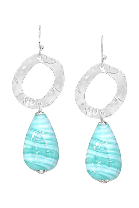 Green Murano Glass & Hammered Hoop Drop Earrings - SF